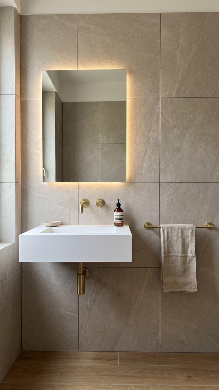 Lo stesso bagno finito: lavabo sospeso, rubinetteria ottone, specchio retroilluminato