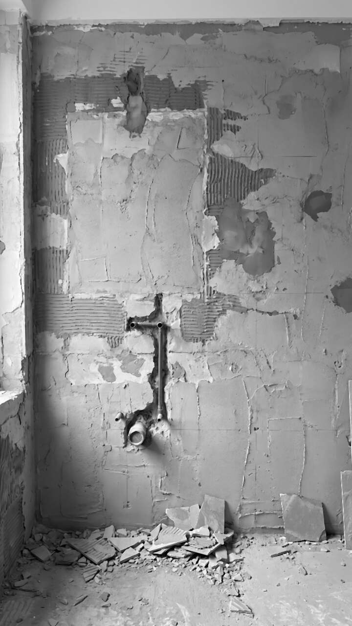 Bagno durante il cantiere: muri scrostati e tubi a vista